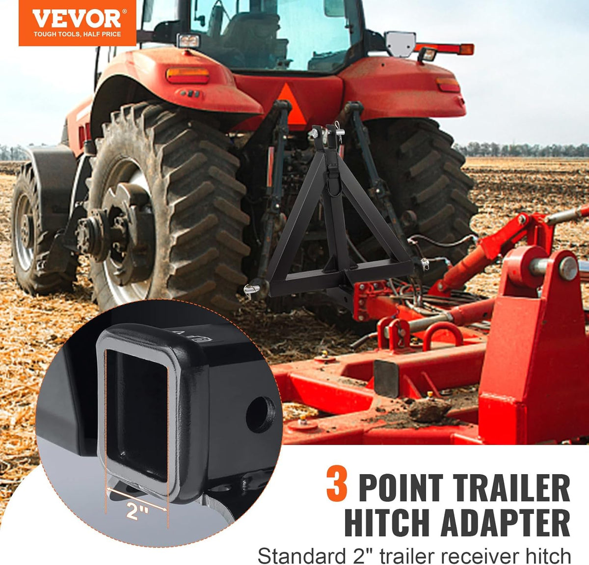 3 Point 2" Receiver Trailer Hitch Category 1 Tractor Tow Drawbar Adapter with Pins W23530