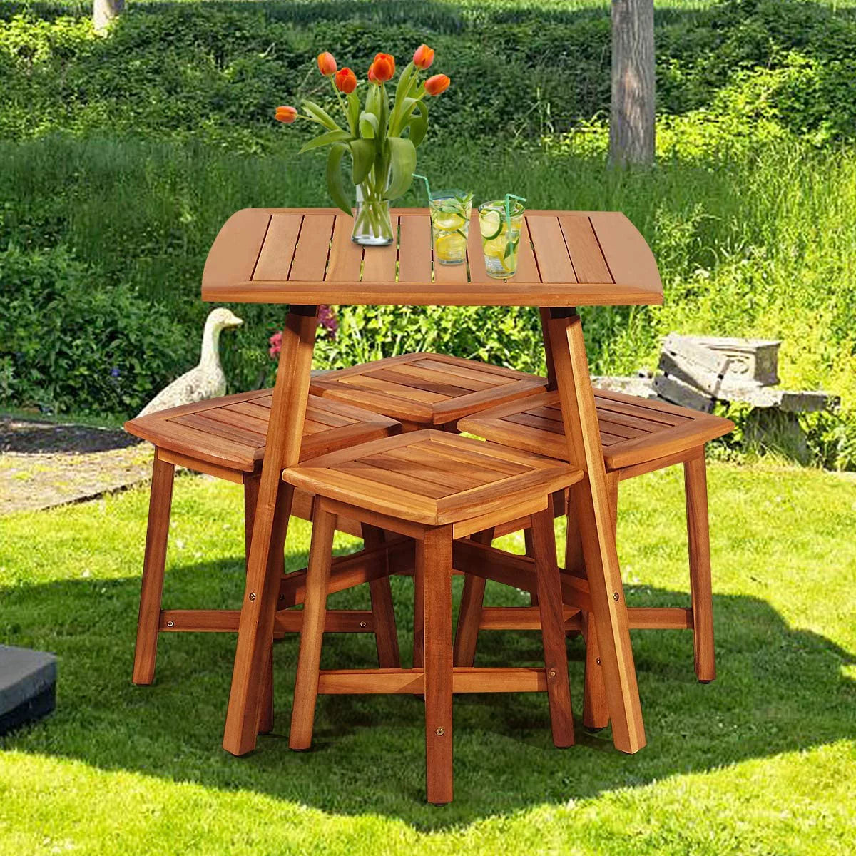 5 Piece Acacia Wood Patio Dining Furniture Set with 4 Stools U808