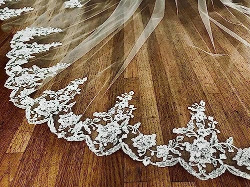 White Ivory Wedding Veil 3m with Comb Lace Cathedral Veil Ribbon J195392