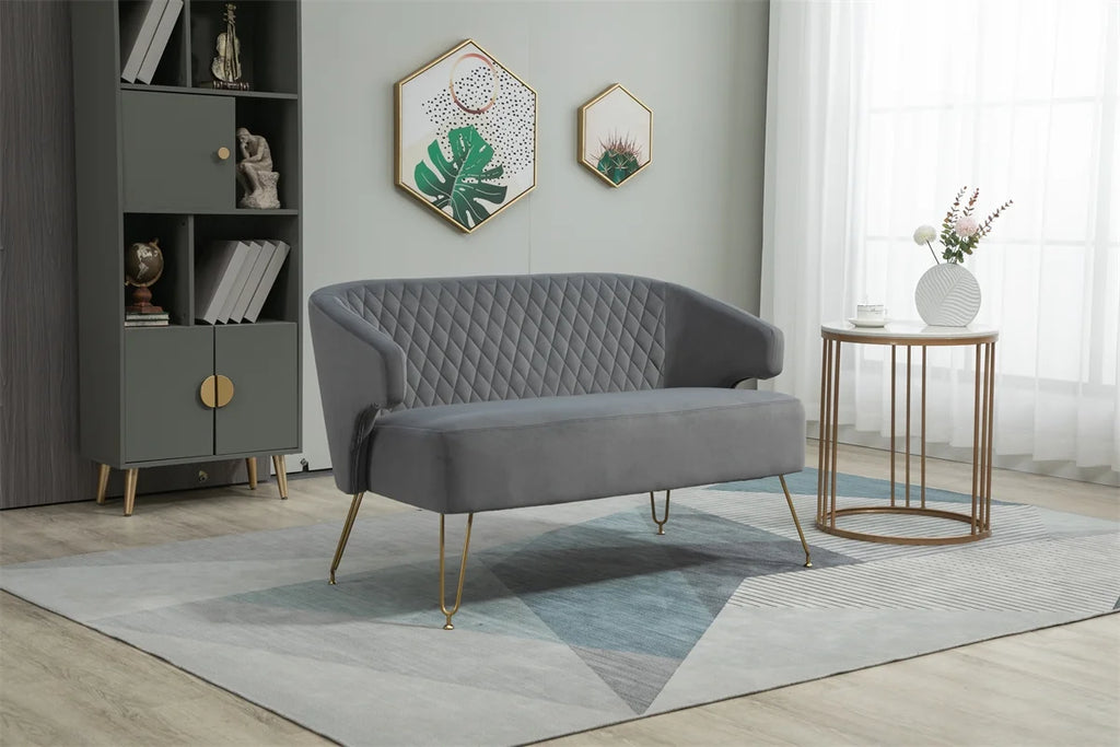 Yellow Tufted Loveseat Sofa with Golden Metal Legs J1013