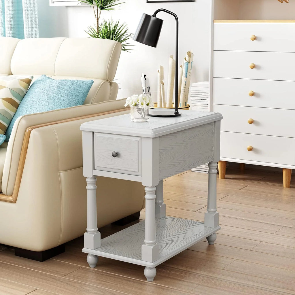 Narrow 2 Tier Solid Wood End Table with Drawer M788748