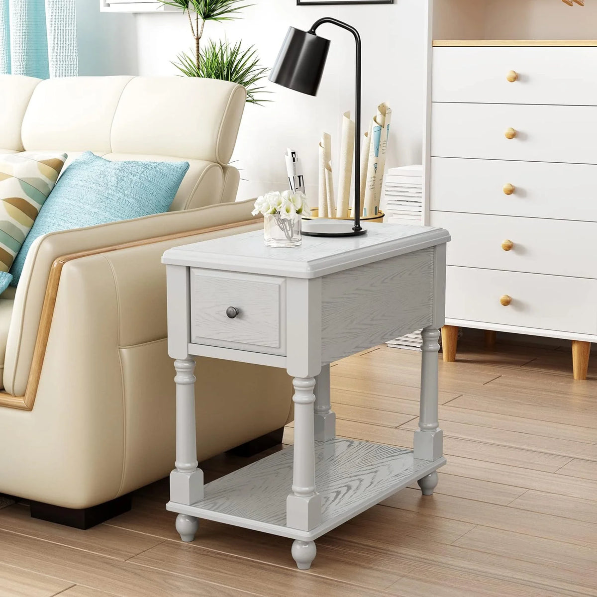 Narrow 2 Tier Solid Wood End Table with Drawer M788748