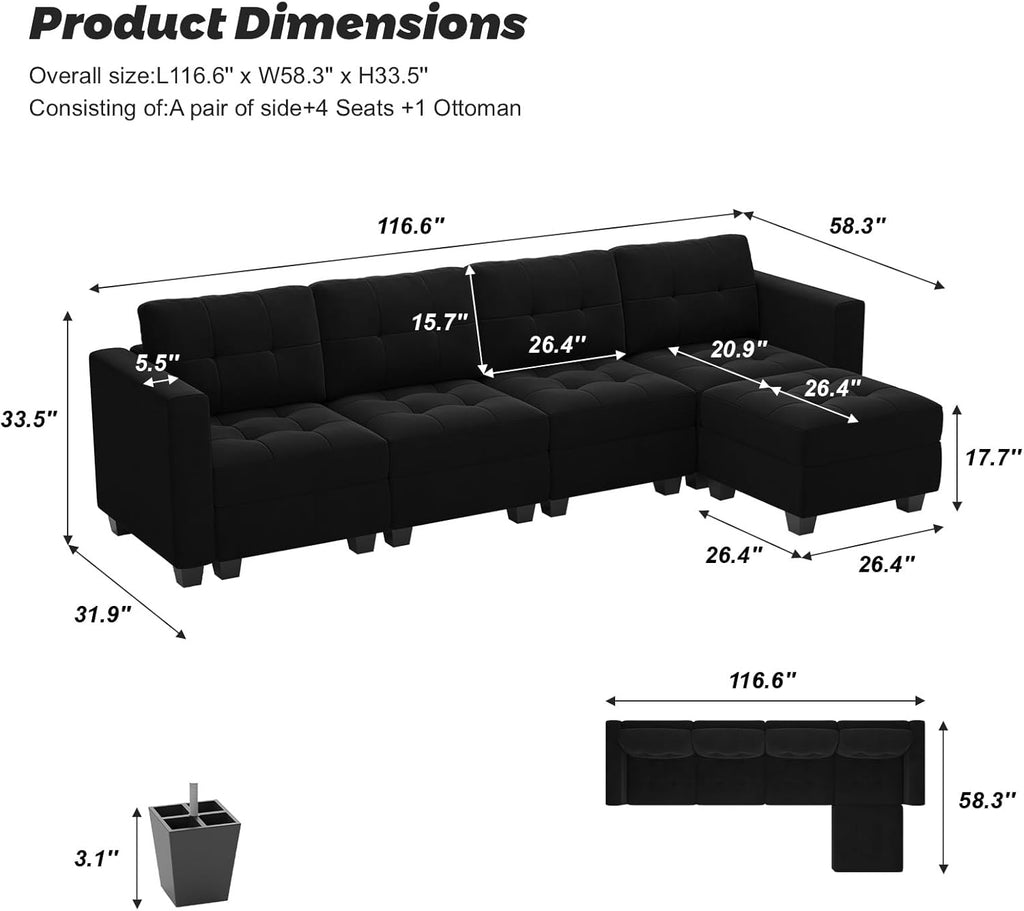 Black Velvet 5 Piece Modular Sectional Sofa with Storage Seats and Ottomans A500121