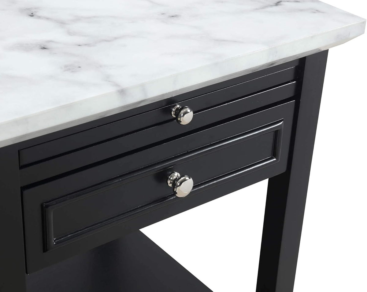 White Faux Marble Top/Black End Table with Drawer U2756