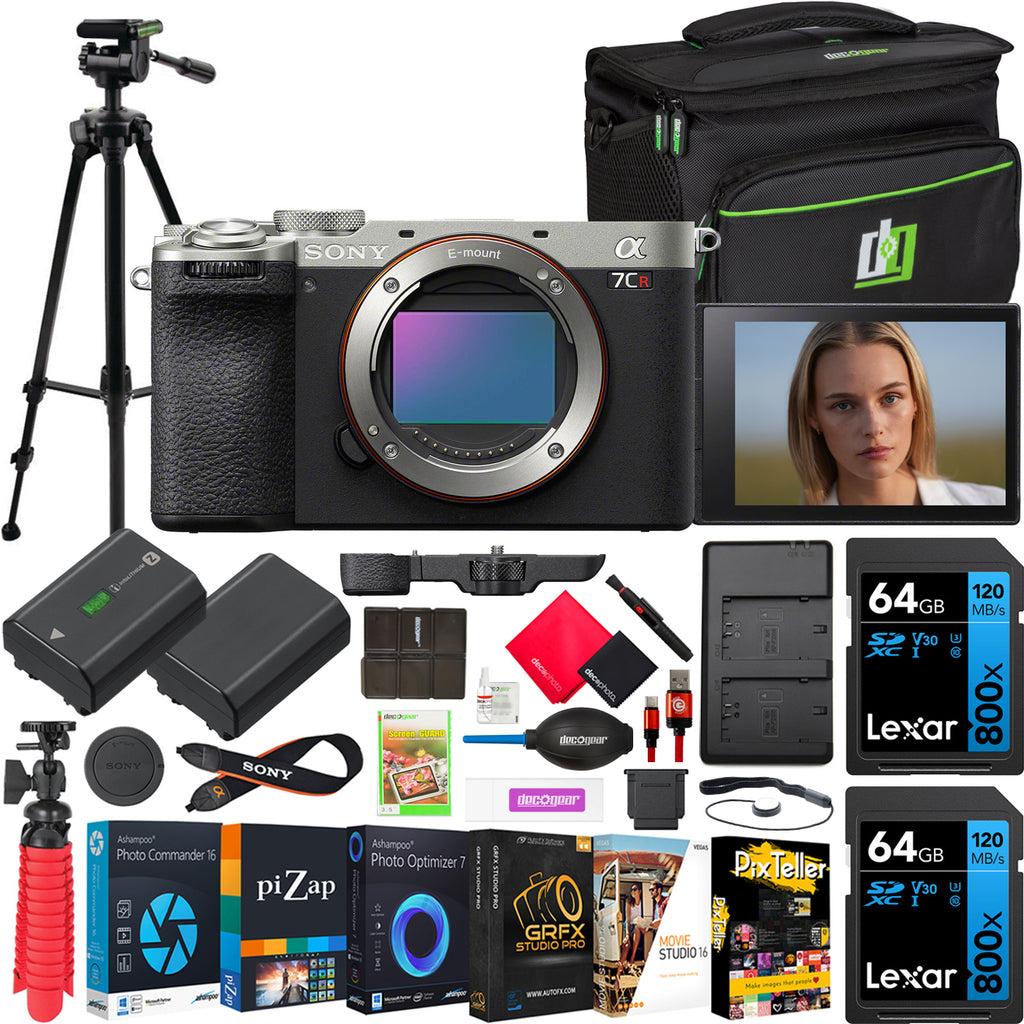 Silver Full Frame Mirrorless Interchangeable Lens Hybrid Camera Body with Photography Bag Case, Extra Battery, Charger, Tripod N30366