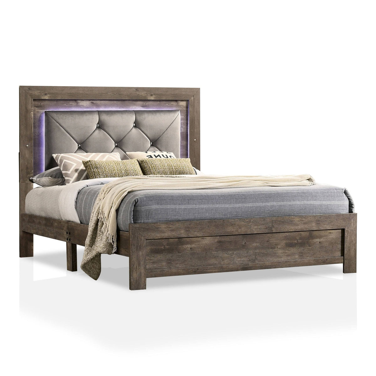 Rustic Natural Tone Tufted Panel Bed Queen V1003