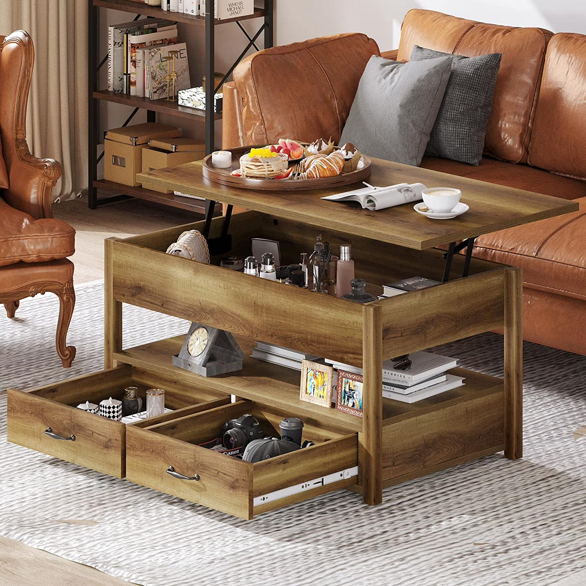 Rustic Brown Wood Lift Top Coffee Table with 2 Storage Drawers Q7825