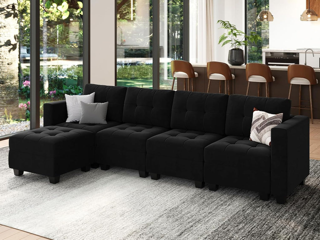 Black Velvet 5 Piece Modular Sectional Sofa with Storage Seats and Ottomans A500121