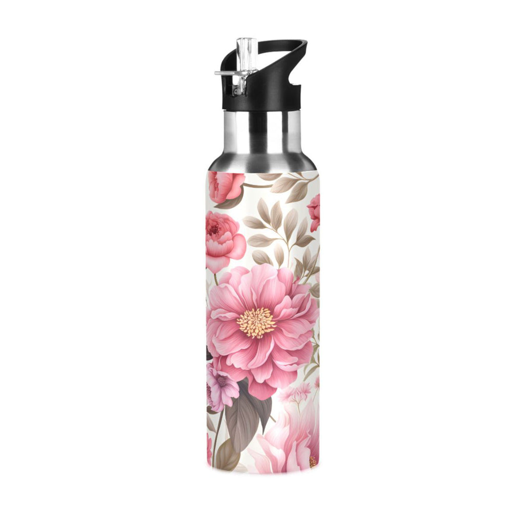 Pink Flowers Floral Print Stainless Steel Insulated Water Bottle with Straw Lid J109