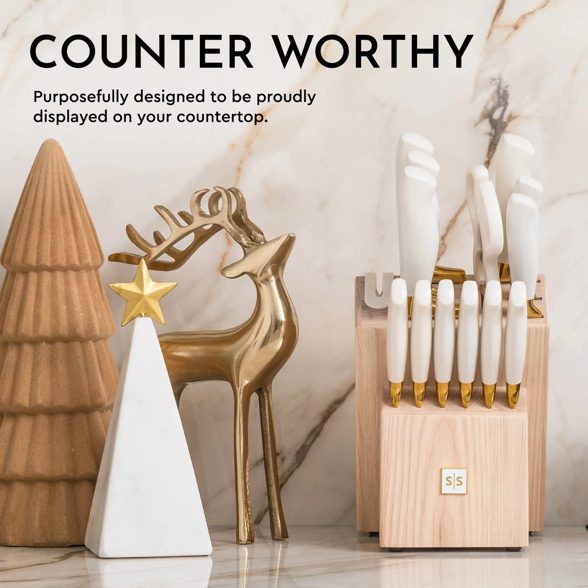 White and Gold 14 Piece Titanium Coated Knife Set with Block R69228
