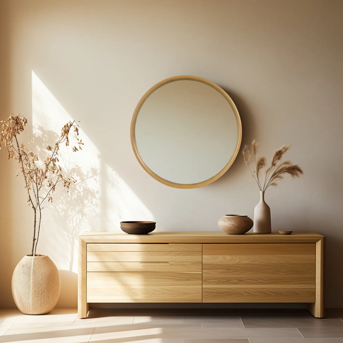 Round Wood Frame Wall Mounted Mirror 24" Y4116