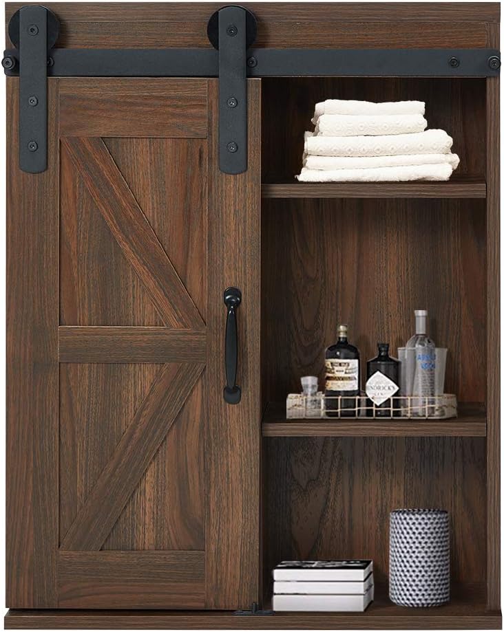 Wood Wall Storage Cabinet with Sliding Barn Door, 3-Tier Organizer Bathroom Cabinet with Adjustable Shelf Freestanding Furniture Z69094