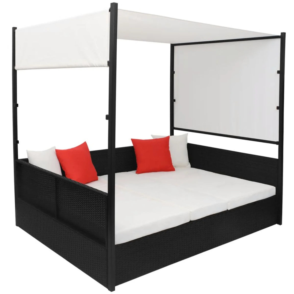 Black Poly Rattan 2-Person Sun Lounger with Canopy and Tea Table I28500