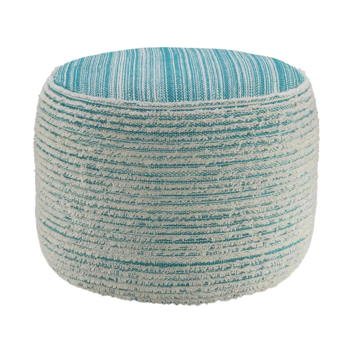 Aqua Blue and White Distressed Round Pouf Ottoman L69191