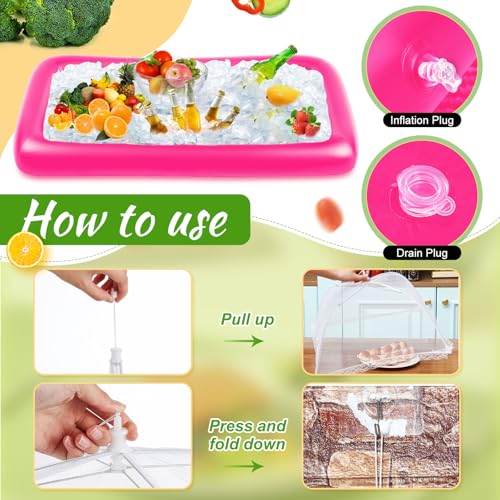 128 Pcs Inflatable Cooler with 2 Serving Bars, Food Cover, Salad Bowl, Utensils, Appetizer Tray, 100 Labels O4836