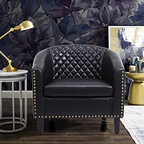 Black Leather Barrel Chair with Nail Head and Wood Legs R976850