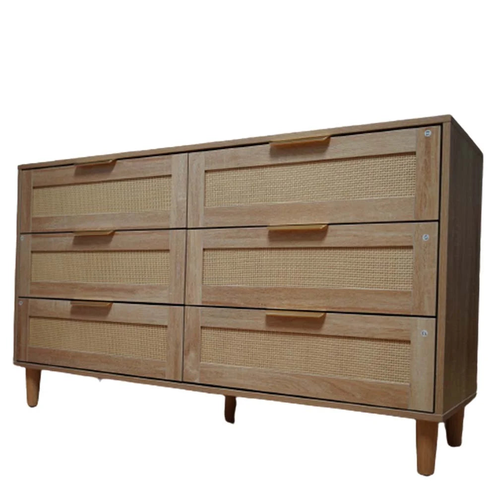 6 Drawer Natural Wood Dresser with Gold Handles J839