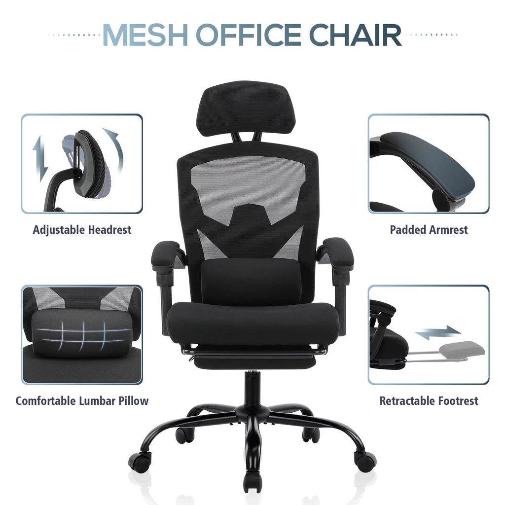 Black Ergonomic Mesh Office Chair with Footrest and Head Support K551403