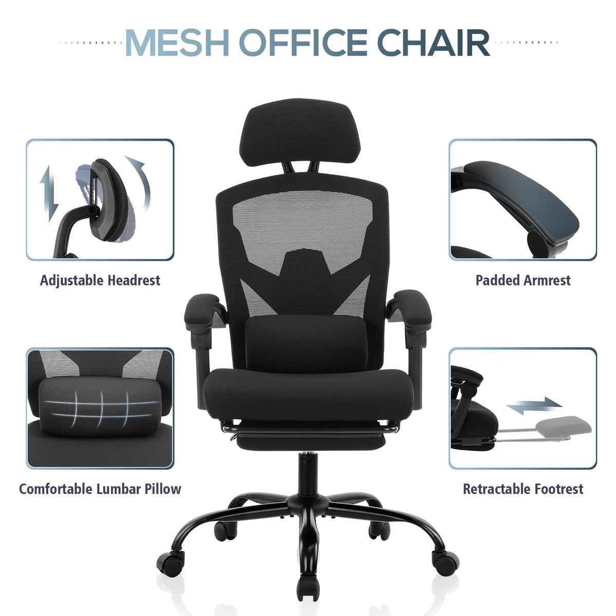 Black Ergonomic Mesh Office Chair with Footrest and Head Support K551403