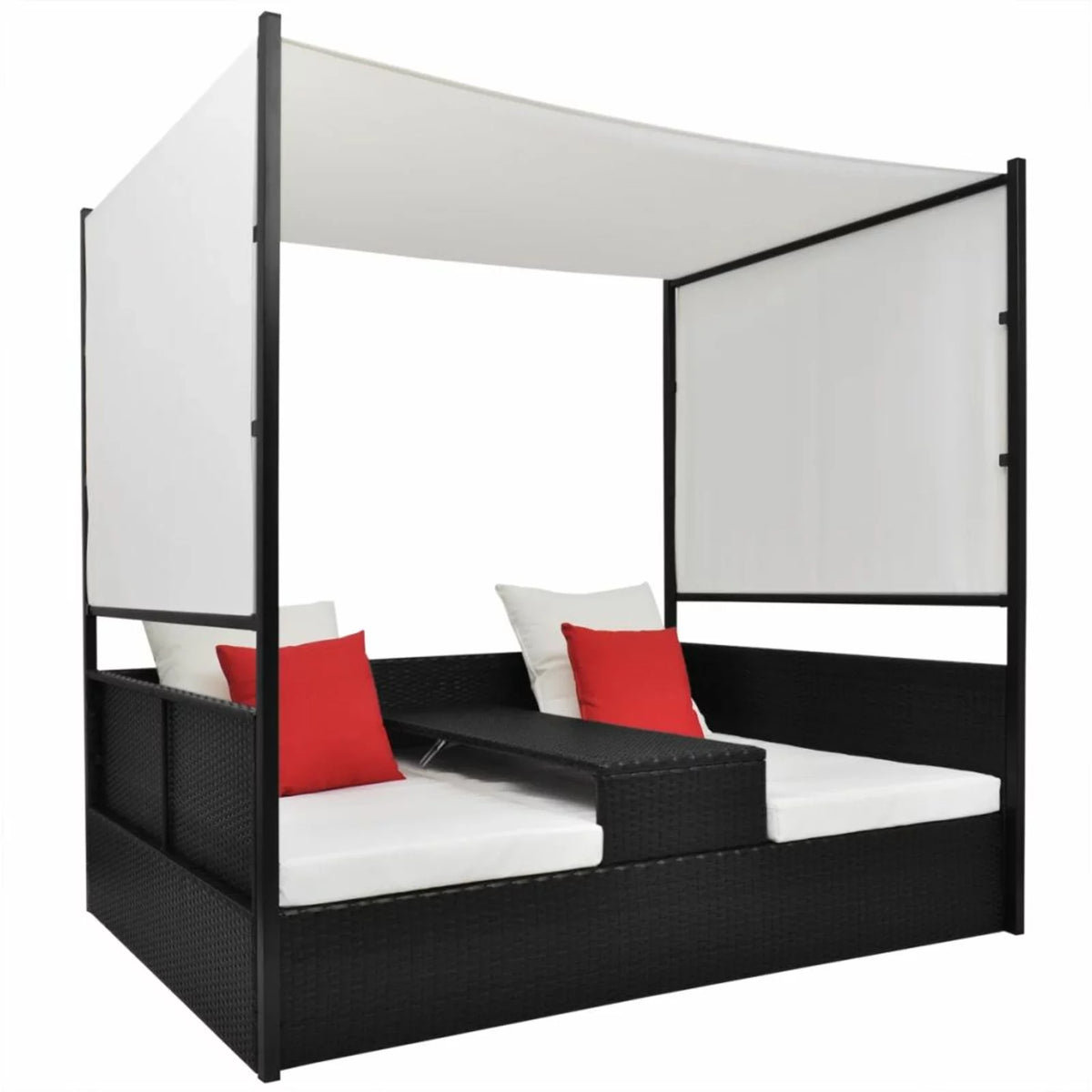 Black Poly Rattan 2-Person Sun Lounger with Canopy and Tea Table I28500