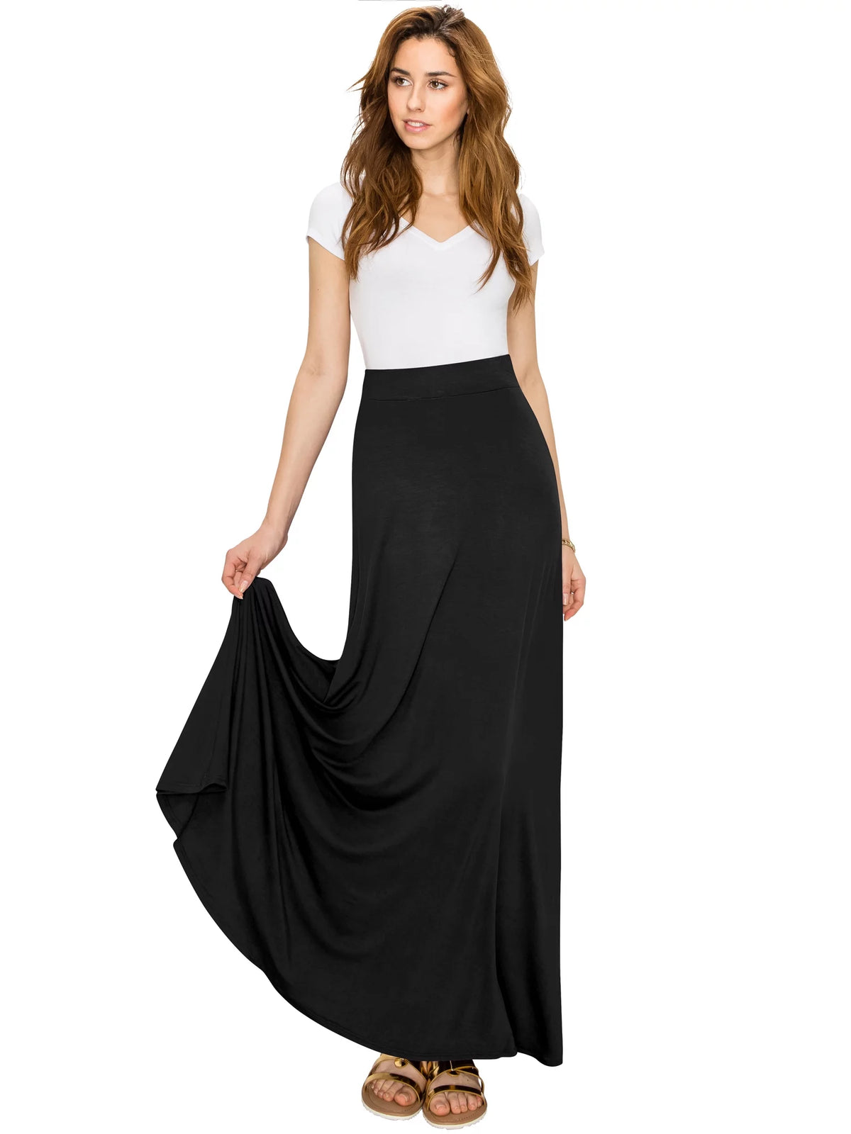 Solid Maxi Skirt with Elastic Waist Band L562