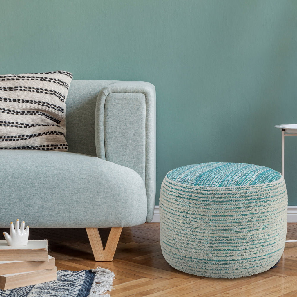 Aqua Blue and White Distressed Round Pouf Ottoman L69191