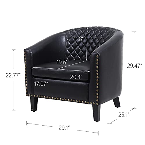 Black Leather Barrel Chair with Nail Head and Wood Legs R976850