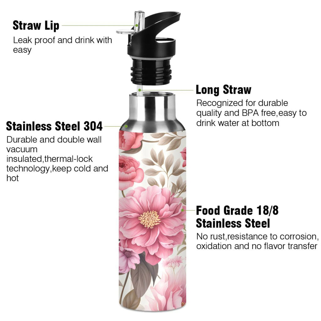 Pink Flowers Floral Print Stainless Steel Insulated Water Bottle with Straw Lid J109