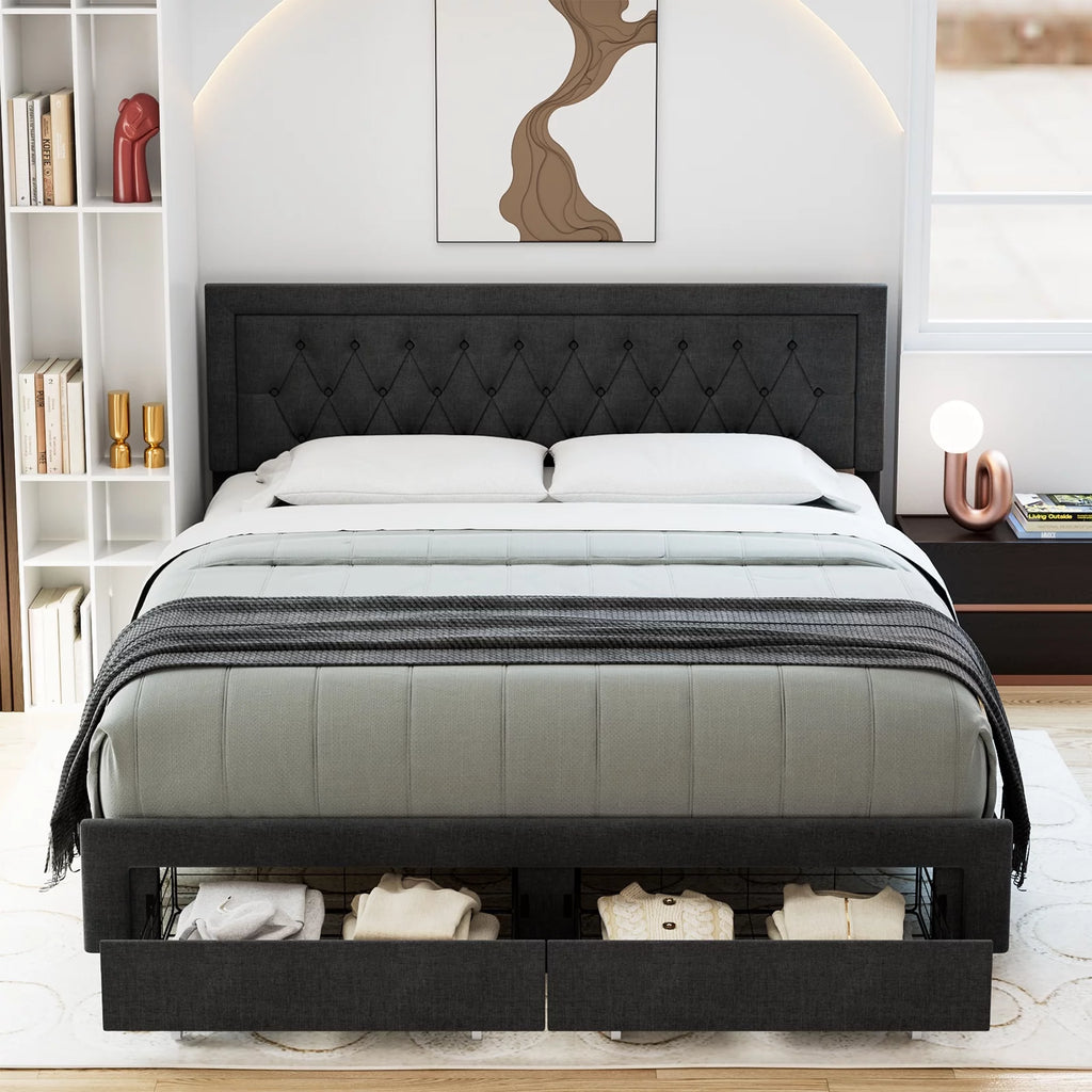 Queen Size Black PU Leather Upholstered Platform Bed Frame R2227