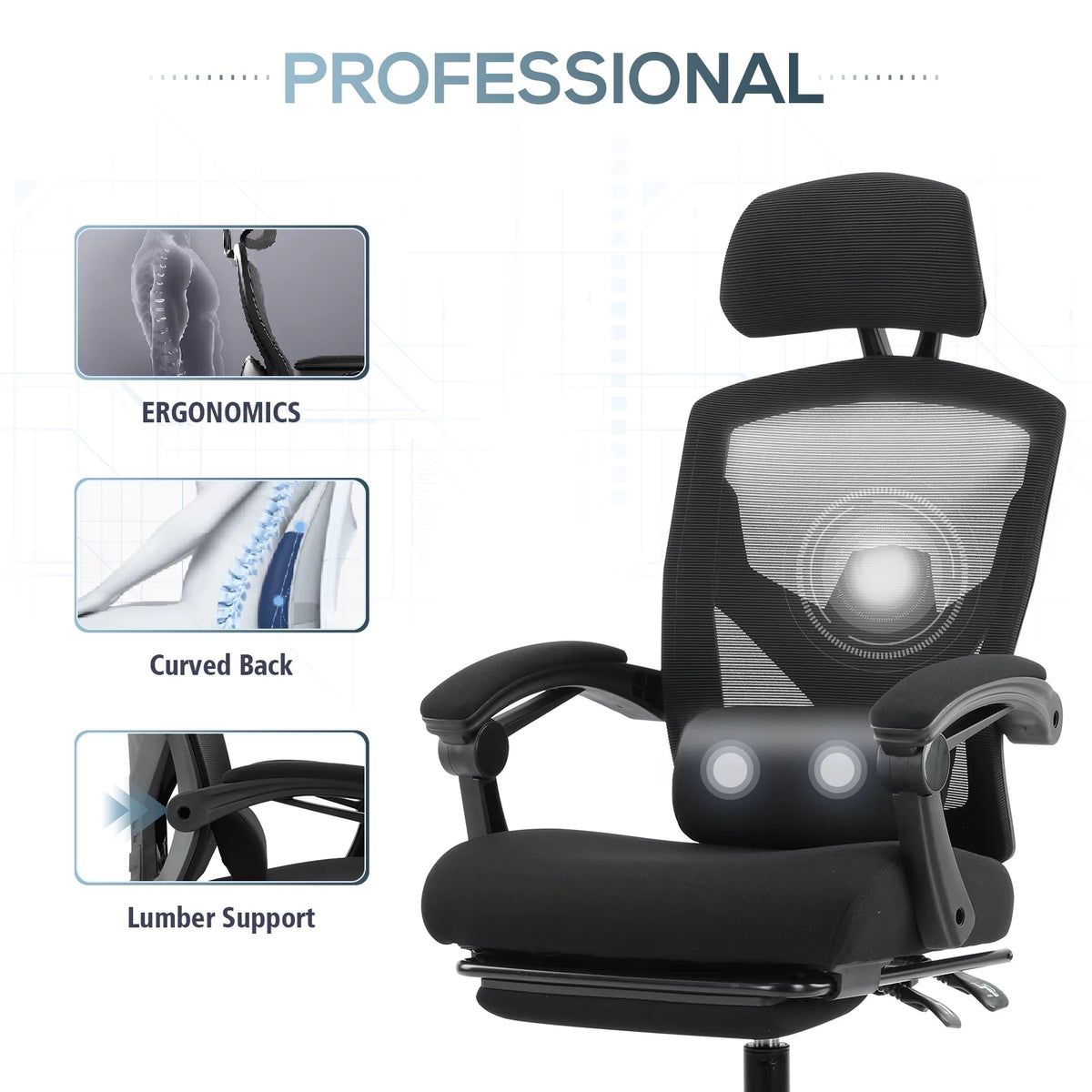 Black Ergonomic Mesh Office Chair with Footrest and Head Support K551403