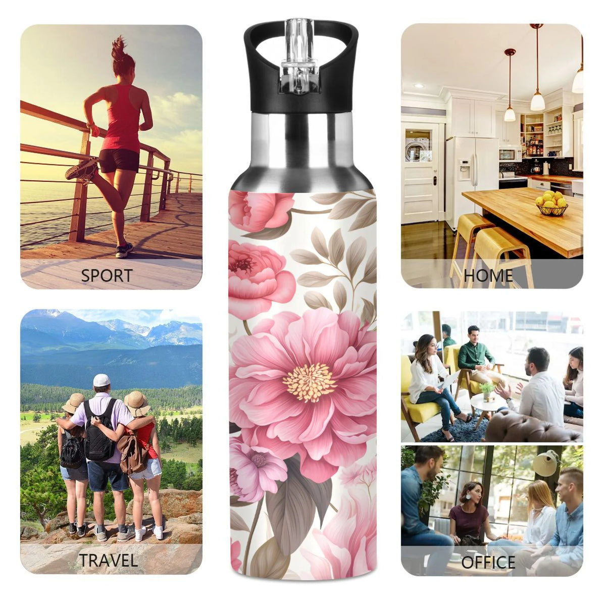 Pink Flowers Floral Print Stainless Steel Insulated Water Bottle with Straw Lid J109