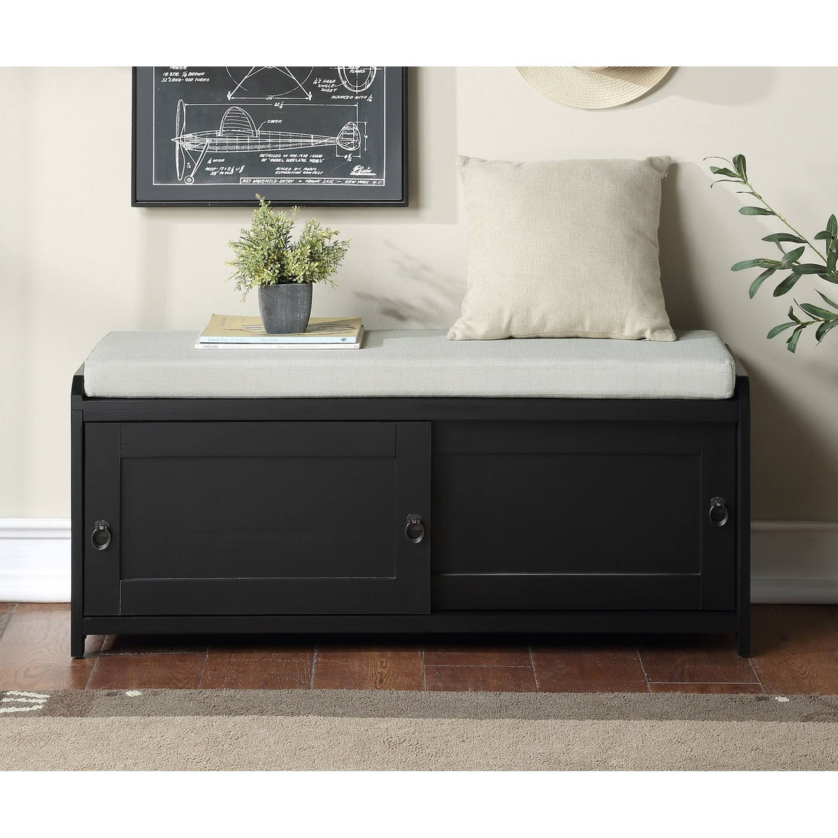 Grey Wood Storage Bench with 2 Cabinets Z899