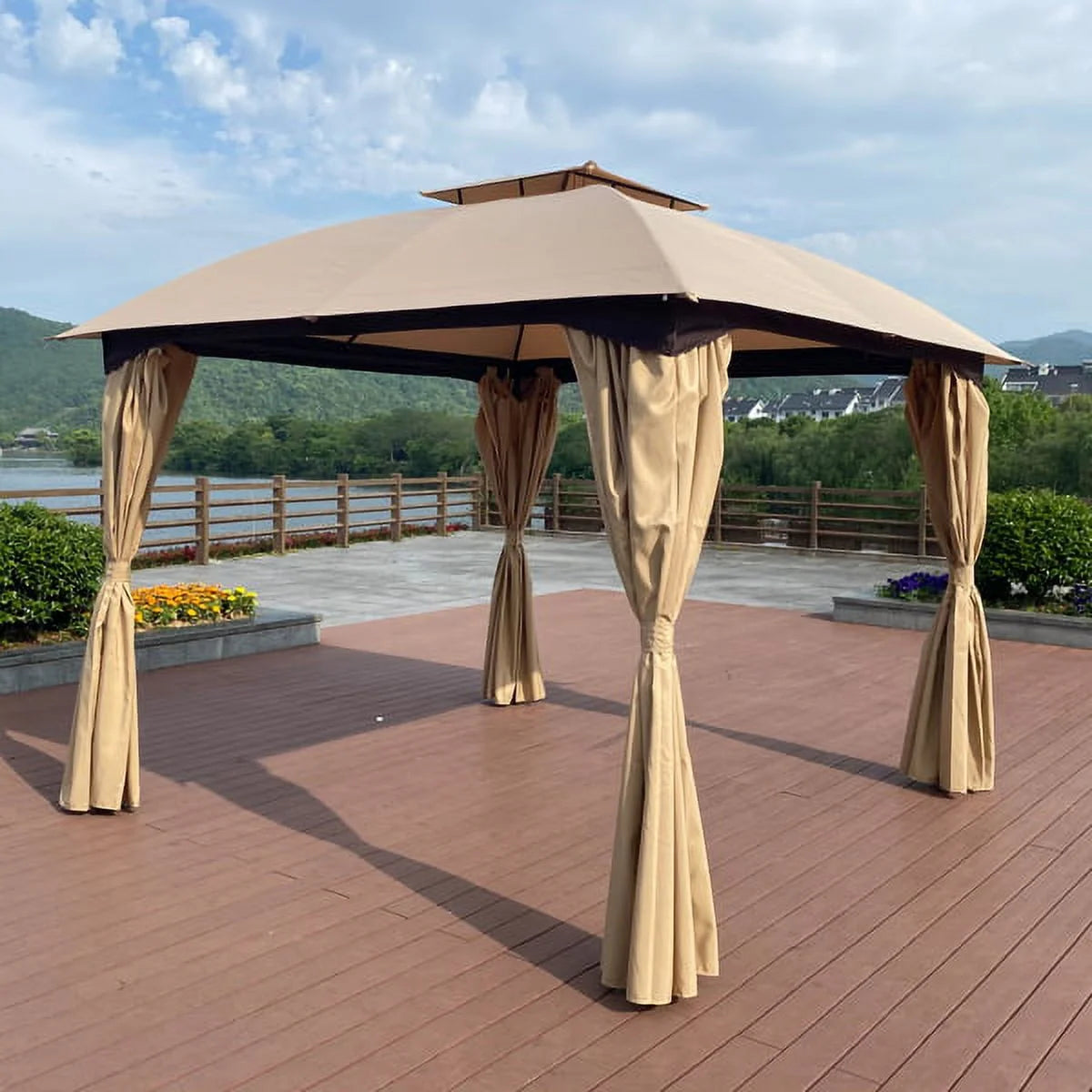 Khaki Outdoor Patio Garden Gazebo Canopy With Curtains D9918