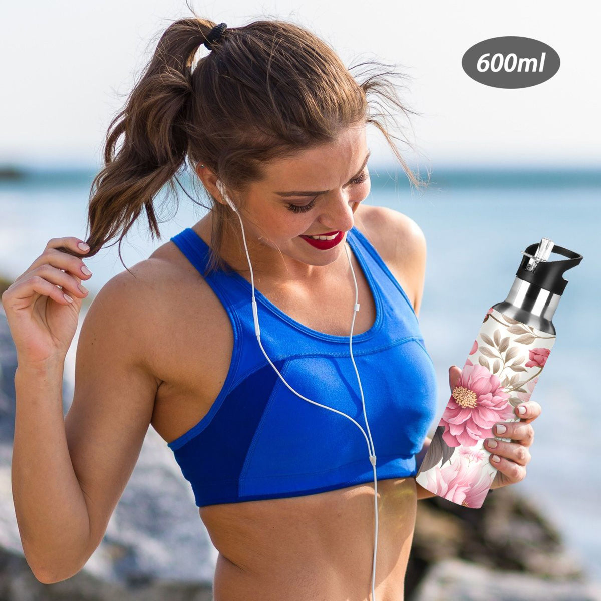 Pink Flowers Floral Print Stainless Steel Insulated Water Bottle with Straw Lid J109