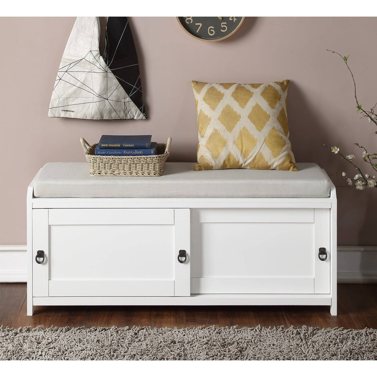 Grey Wood Storage Bench with 2 Cabinets Z899