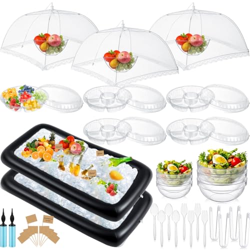128 Pcs Inflatable Cooler with 2 Serving Bars, Food Cover, Salad Bowl, Utensils, Appetizer Tray, 100 Labels O4836