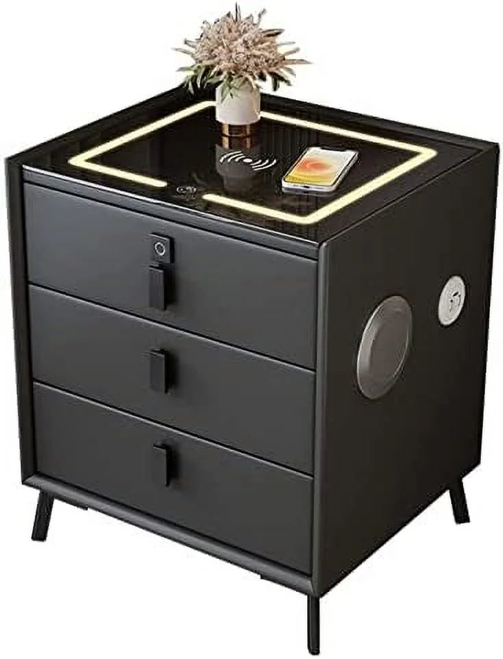 Smart Nightstand with Wireless Charging Station 3 Color LED Lights and Bluetooth Speaker 3 Drawers Y7826