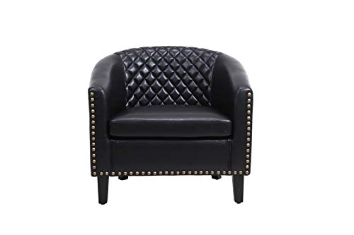 Black Leather Barrel Chair with Nail Head and Wood Legs R976850