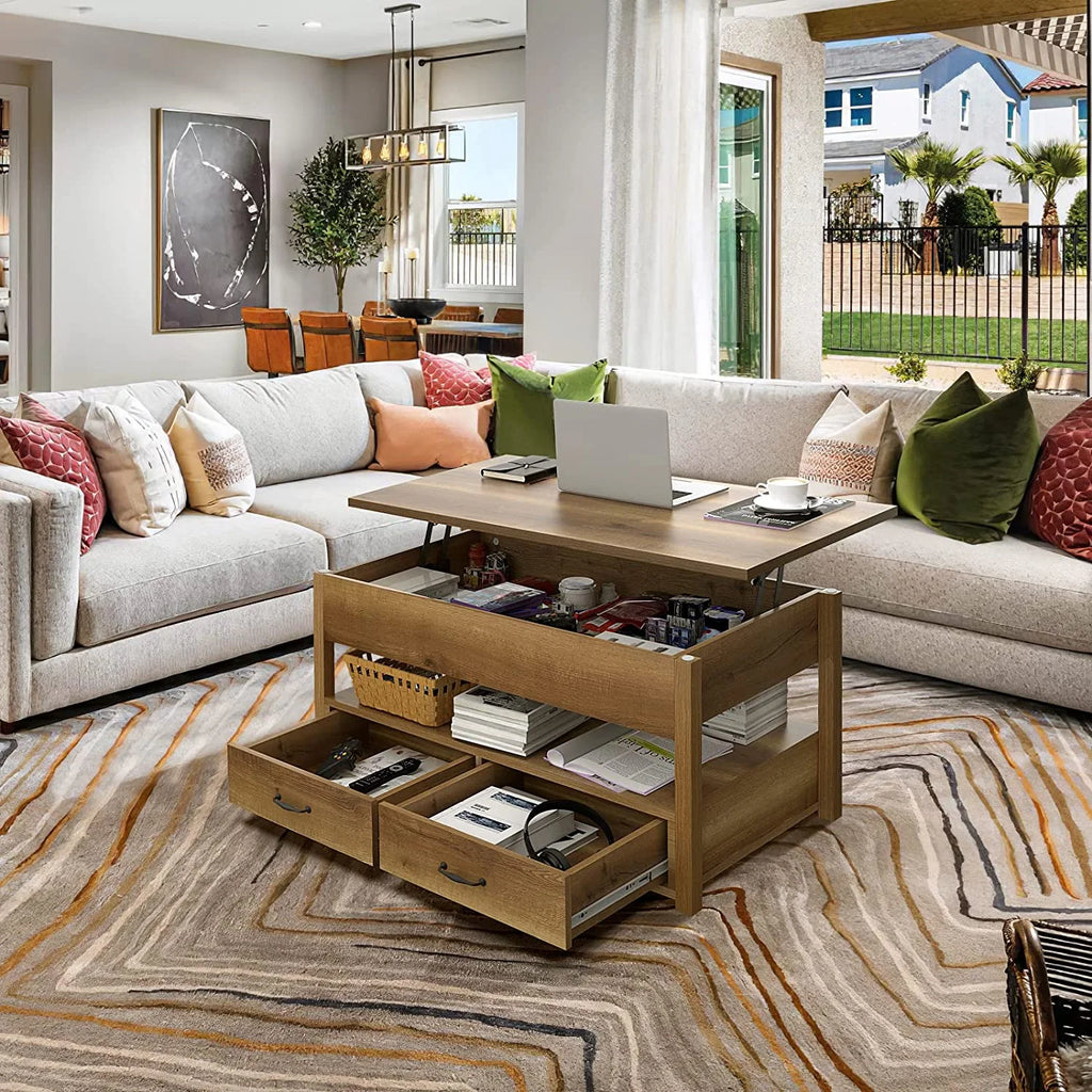 Rustic Brown Wood Lift Top Coffee Table with 2 Storage Drawers Q7825