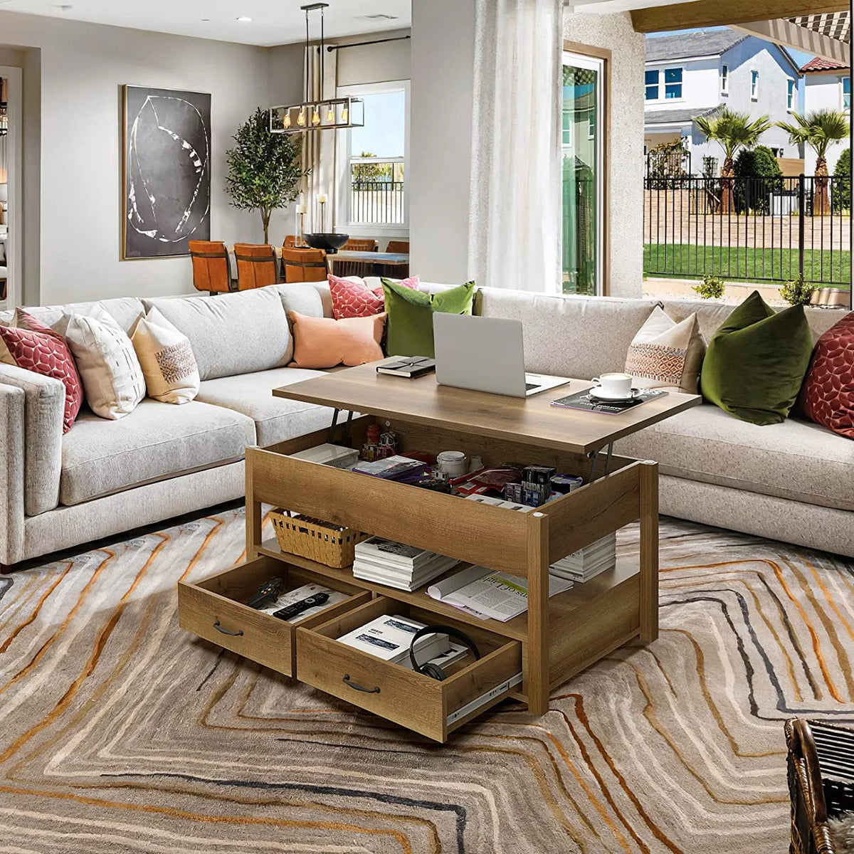 Rustic Brown Wood Lift Top Coffee Table with 2 Storage Drawers Q7825