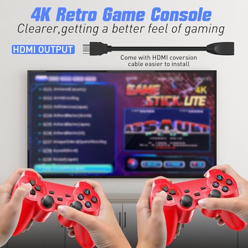 Wireless Retro Game Console with 25000+ Built-in Games, 4K HDMI Output, 2.4GHz Wireless Controller (Red) S322