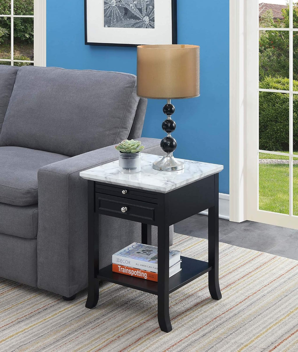 White Faux Marble Top/Black End Table with Drawer U2756