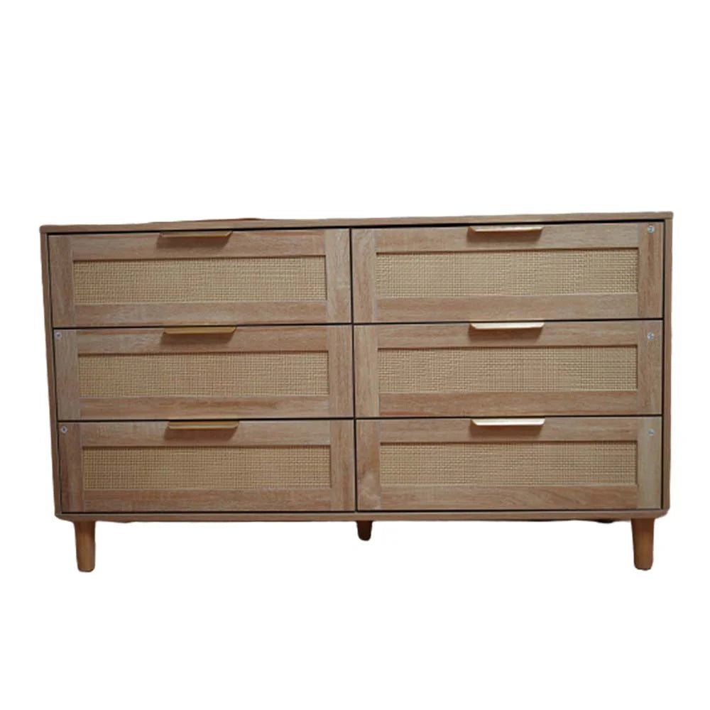 6 Drawer Natural Wood Dresser with Gold Handles J839
