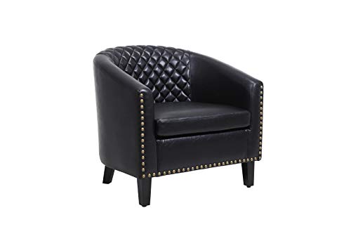 Black Leather Barrel Chair with Nail Head and Wood Legs R976850