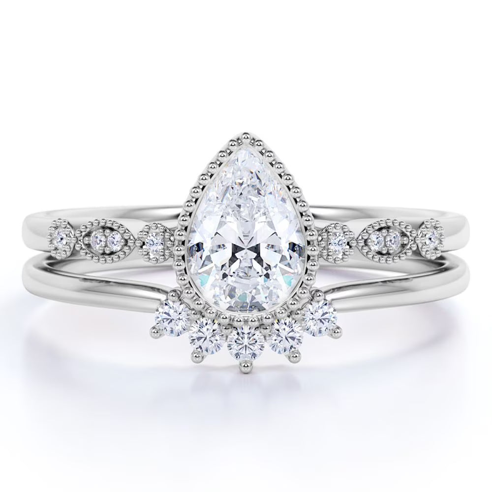 Vintage Pear Shaped Real Diamond Bezel Set Wedding Ring Set in 10k White Gold R26166