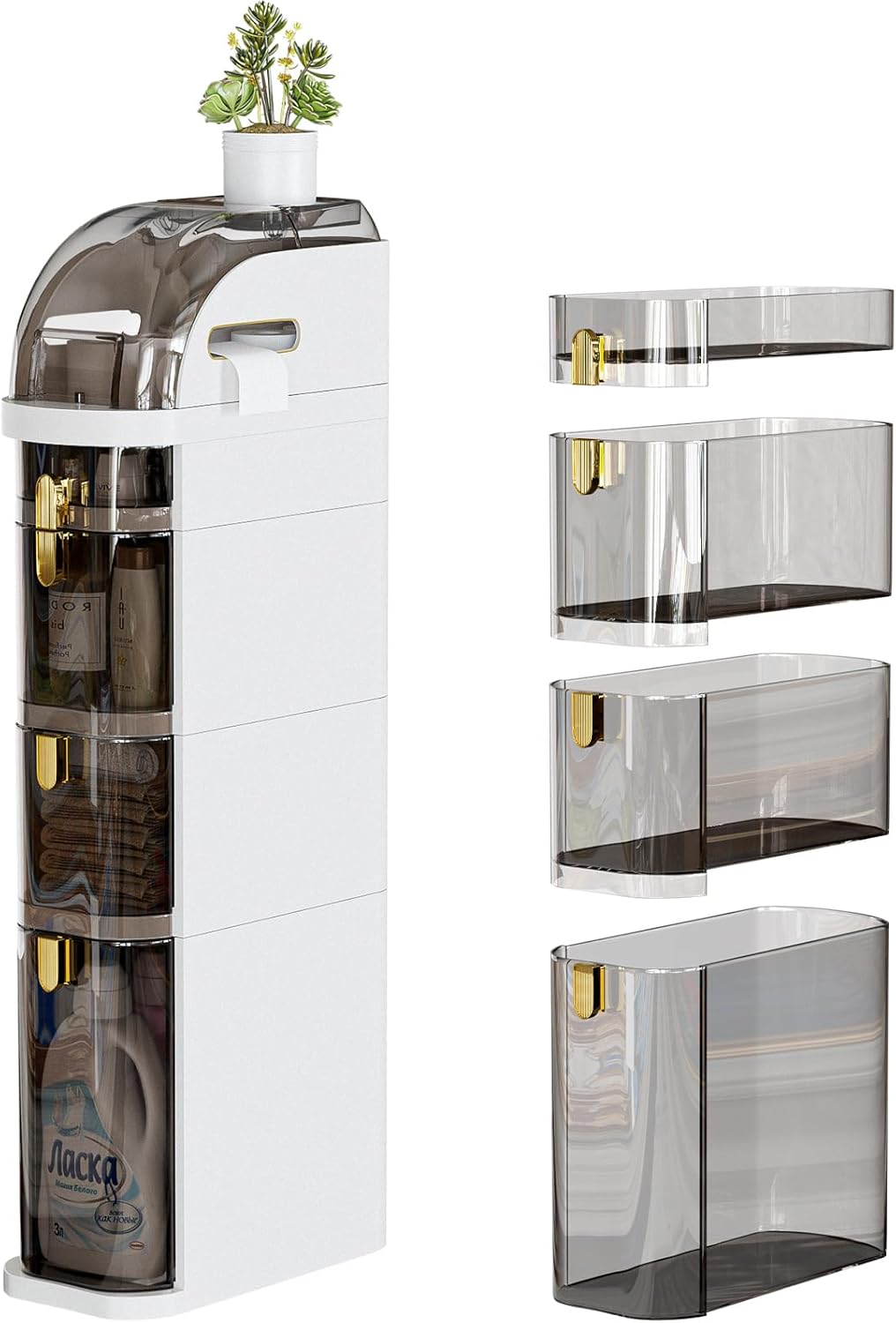 4-Tier Plastic Narrow Slim Storage Cabinet with Clear Drawers and Wheels Z828267