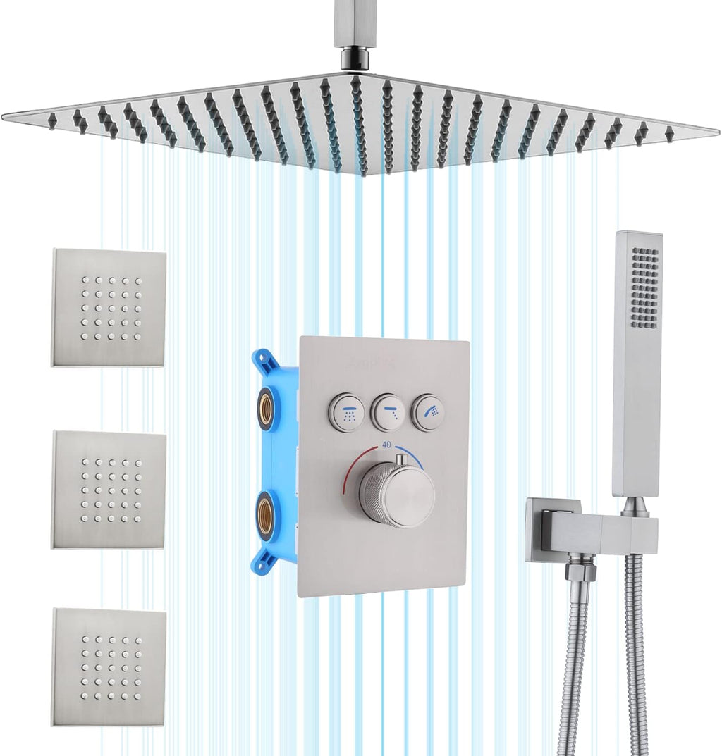 16 Inch Square Rain Showerhead with High Pressure Handheld and 3pcs Brass Full Body Spray Jets, Thermostatic Valve M6677