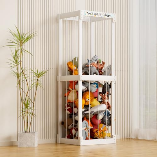 White Wooden Stuffed Animal Storage Cage with Elastic Rope T2314