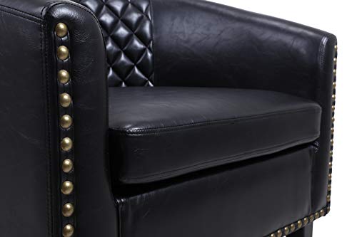 Black Leather Barrel Chair with Nail Head and Wood Legs R976850