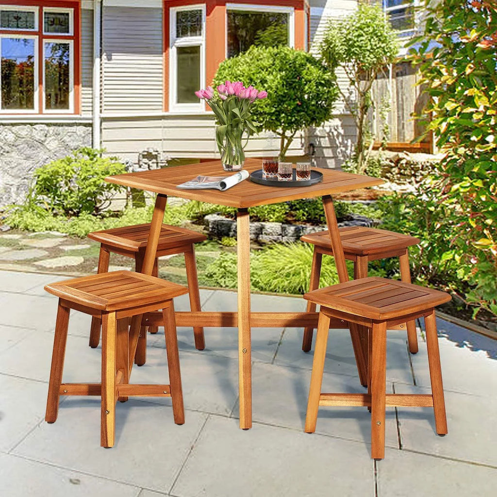 5 Piece Acacia Wood Patio Dining Furniture Set with 4 Stools U808